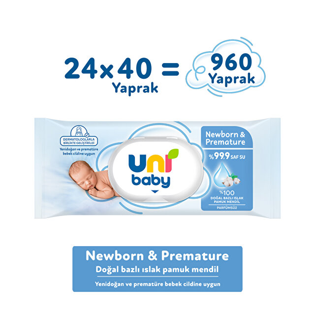 Uni Baby Newborn & Premature Islak Pamuk Mendil 24 × 40 Yaprak