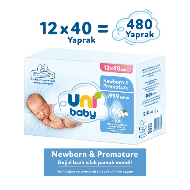 Uni Baby Newborn & Premature Islak Pamuk Mendil 12 × 40 Yaprak