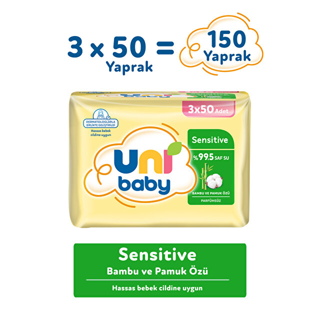 Uni Baby Sensitive Bambu Ve Pamuk Özlü Islak Mendil 3 × 50 Yaprak