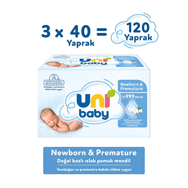Uni Baby Newborn & Premature Islak Pamuk Mendil 3 × 40 Yaprak