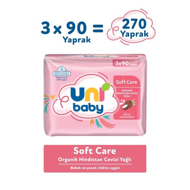Uni Baby Soft Care Hindistan Cevizi Yağlı Islak Mendil 3 × 90 Yaprak