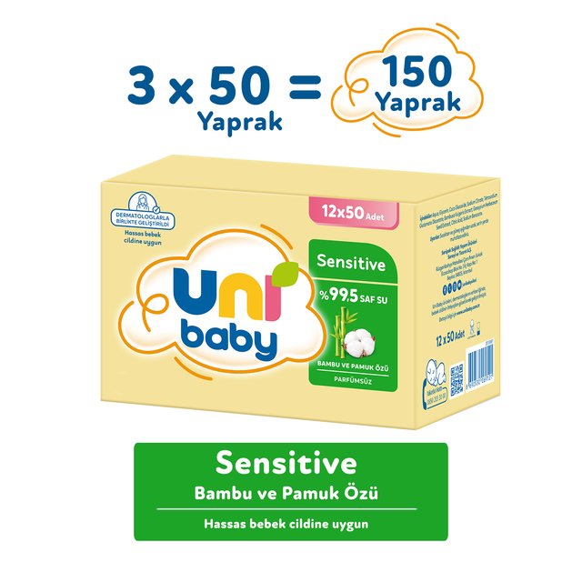 Uni Baby Sensitive Bambu Ve Pamuk Özlü Islak Mendil 12 × 50 Yaprak