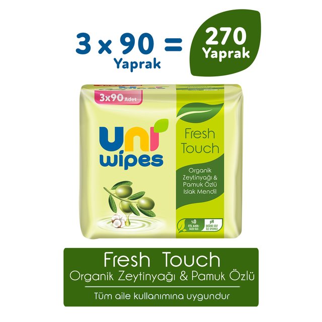 Uni Wipes Fresh Touch Organik Zeytinyağı Ve Pamuk Özlü Islak Mendil 3 × 90 Yaprak