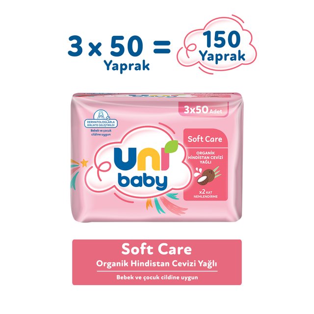 Uni Baby Soft Care Hindistan Cevizi Yağlı Islak Mendil 3 × 50 Yaprak
