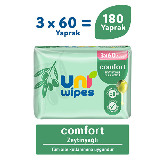 Uni Wipes Comfort Zeytinyağlı Islak Mendil 3 × 60 Yaprak