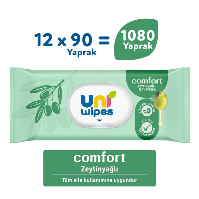 Uni Wipes Comfort Zeytinyağlı Islak Mendil 12 × 90 Yaprak