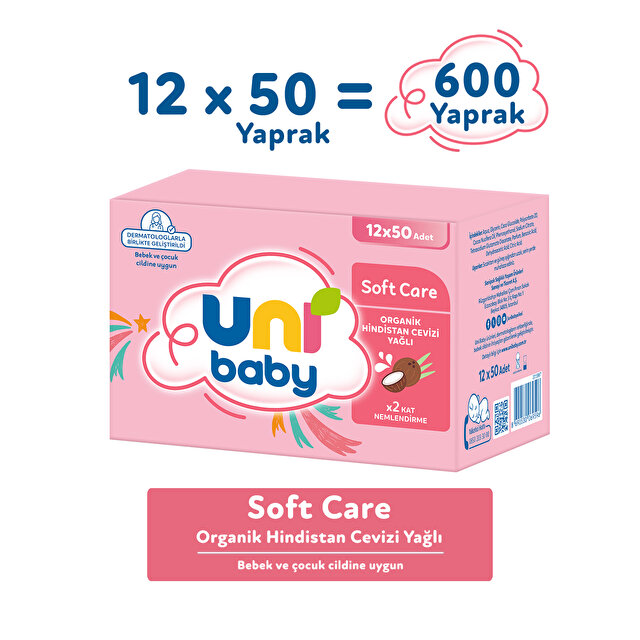 Uni Baby Soft Care Hindistan Cevizi Yağlı Islak Mendil 12 × 50 Yaprak